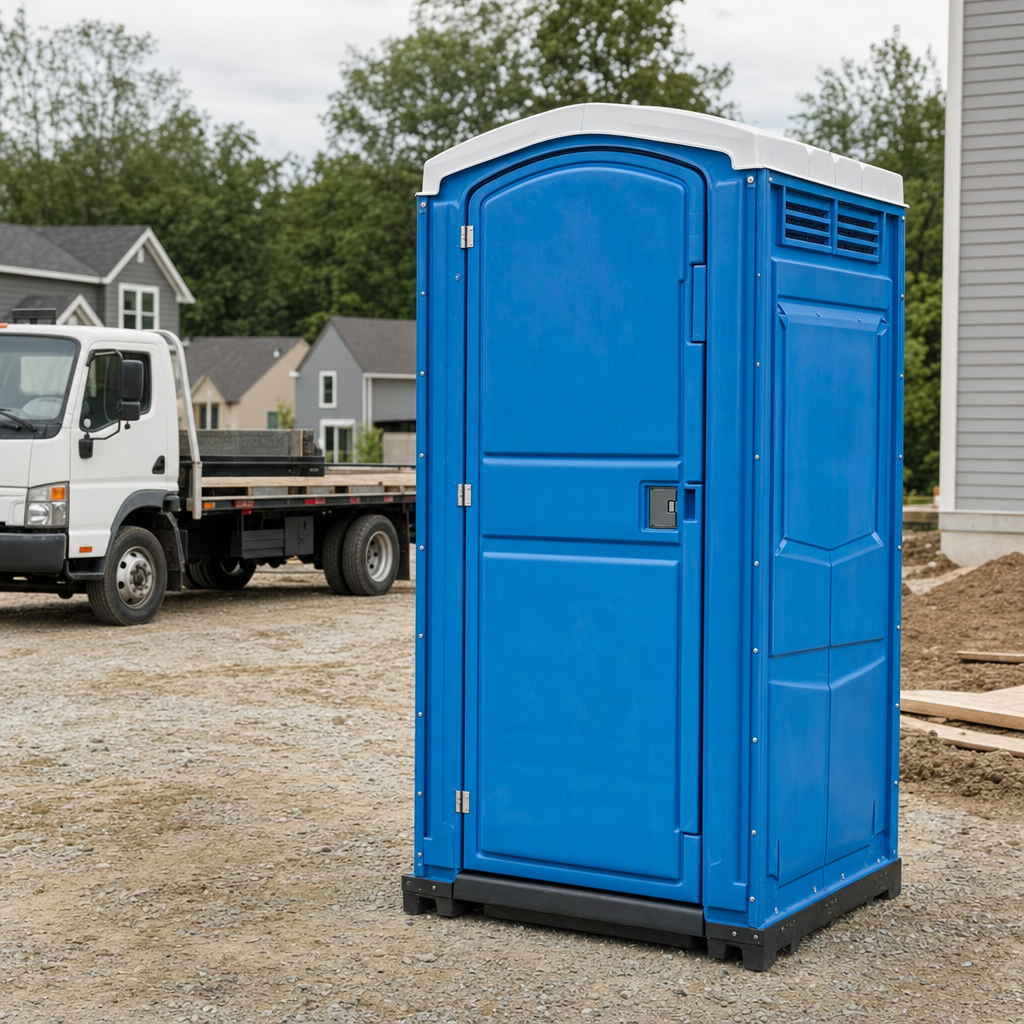 Delivery driver positioning a clean royal-blue portable toilet on level ground at a Baltimore worksite