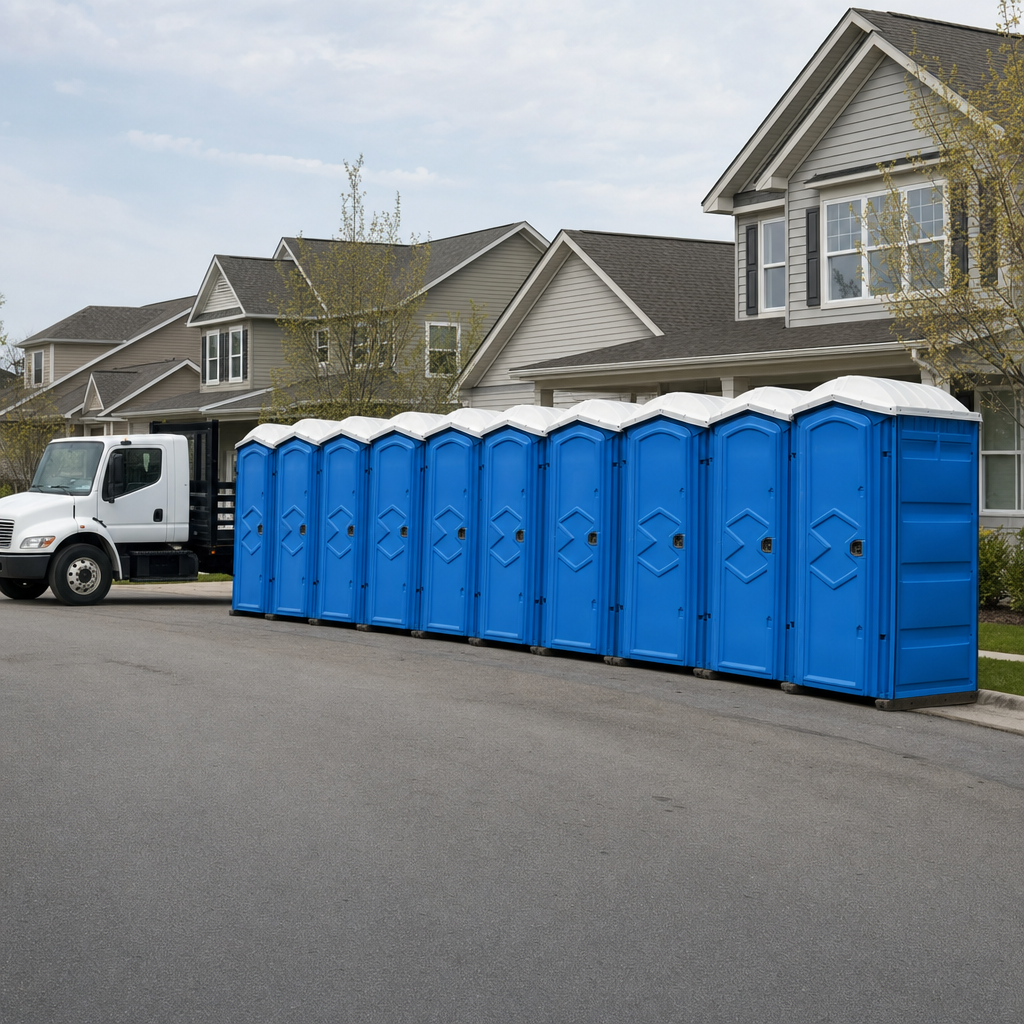 Royal blue portable toilets staged in a tidy row at a Baltimore jobsite, ready for delivery
